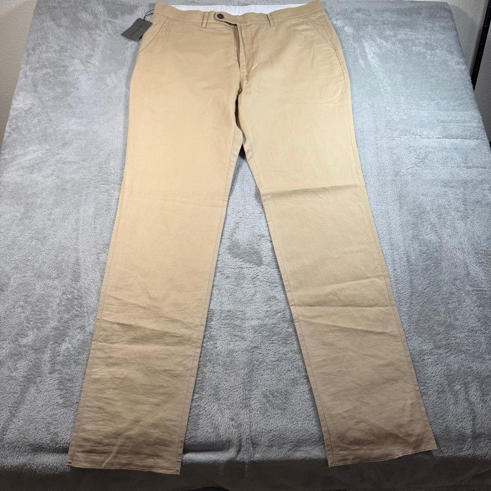 Spier & Mackay Linen Chino Pants Mens 38 Khaki Beige Slim High Rise Cotton Blend